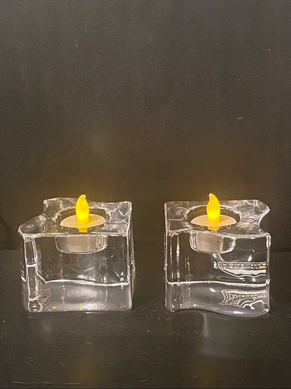Orrefors Sweden Crystal Clear Ice Cube Glass Tea light Holde’s set of 2
